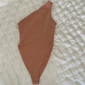 Pink/tan one shoulder bodysuit
